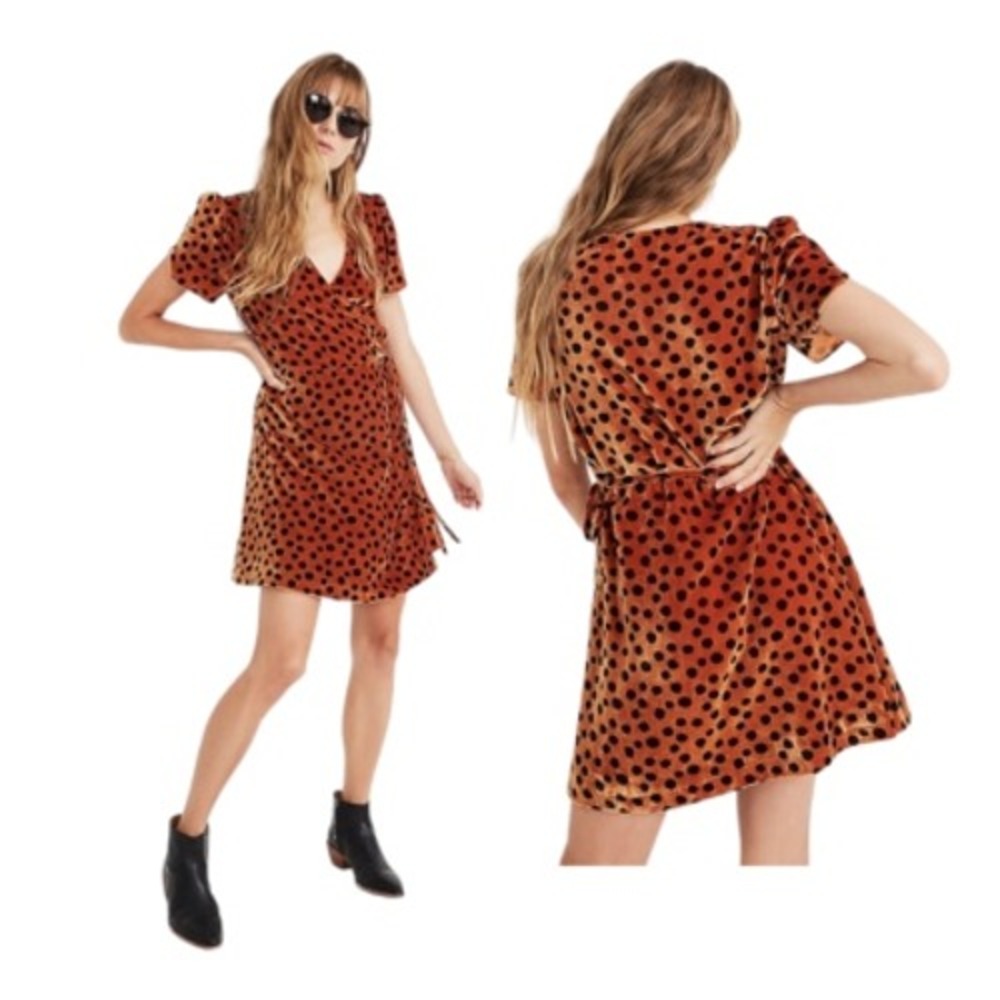 Madewell Velvet Polka Dot Wrap Mini‎ Dress Rust Orange Black Small Short Sleeve